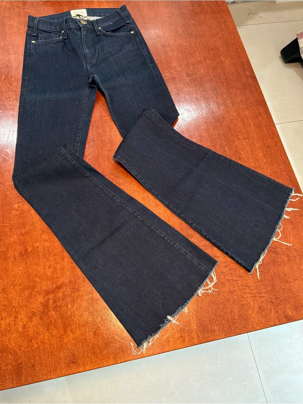 McGuire Denim Dark Indigo High Rise Flared Jeans with Raw Hem